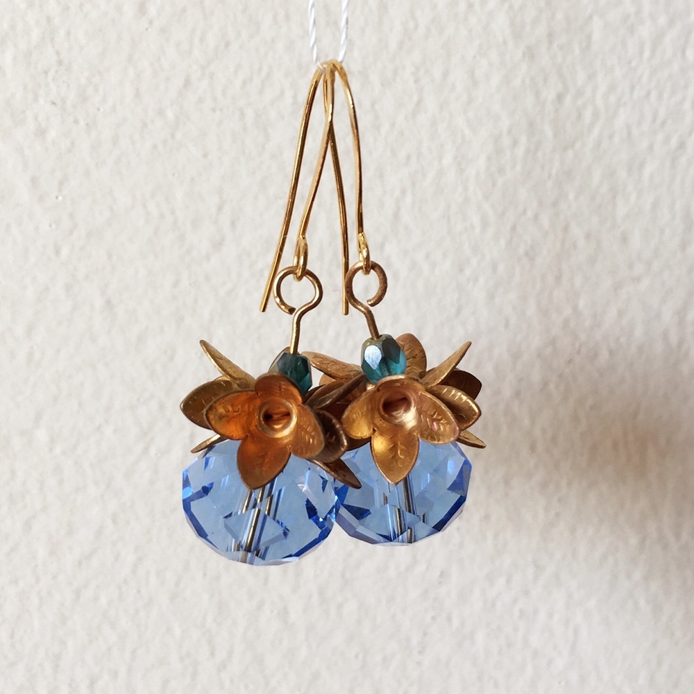 Anthropologie Gold Floral Earrings with Blue Crystal Drops
